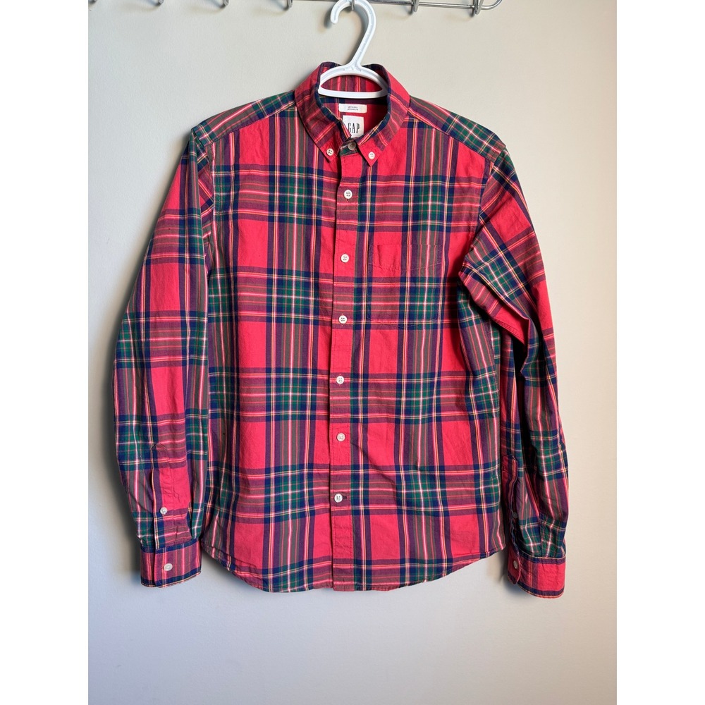 Gap Mens Red Plaid Untucked Button Down Shirt XS Preppy Casual Classic School
